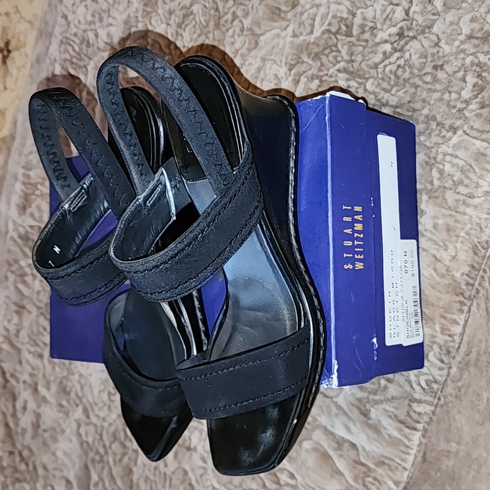Stuart Weitzman Black Micro Stretch Strap Sandal Wedge sz 7